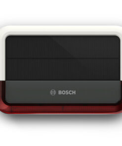 Bosch utomhussiren - hemsäkerhetssystem Boschs utomhussiren, rektangulär vit ram, mörkgrå mittdel och röda detaljer, rakt perspektiv.