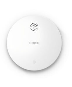 Bosch brandvarnare, modern och minimalistisk modell för hemmet Rund vit Bosch-brandvarnare med en logotyp i mitten och ventilationsöppning upptill.