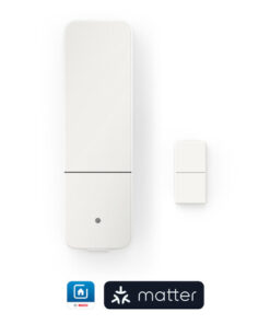 Vit Bosch dörr- och fönstersensor, två delar, minimalistisk design på vit bakgrund.