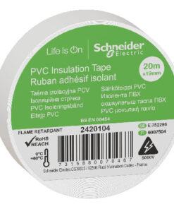 Valkoinen PVC-eristysteippirulla, halkaisijaltaan 19 mm ja pituudeltaan 20 m, Schneider Electric -logolla.
