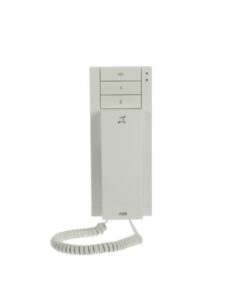 Vitt ABB-ljudinomhusenhet för väggmontering, med tre knappar och en lur med spiralformad kabel.