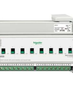 Schneider Electric KNX-brytare, vit, flera gröna knappar och anslutningsportar, sedd framifrån.