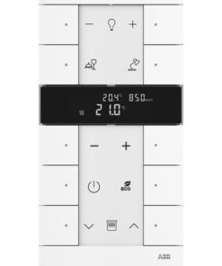 Vit ABB 10-delad knappanel med digital bildskärm i mitten och ikoner på knapparna.