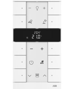 Vit tioknapps tryckpanel med svart bildskärm och rumstermostat från ABB-varumärket.