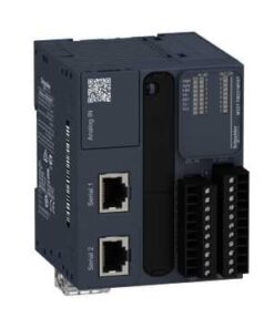 Liten, mörkgrå Modicon M221-PLC med synliga anslutningsportar och LED-indikatorer på framsidan.