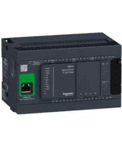 Mörkgrå Schneider Electric Modicon PLC M241-24IO-enhet, grön Ethernet-port, anslutningsområde till höger.