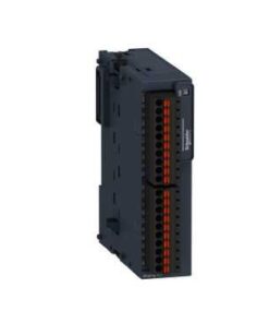 Svart rektangulär Schneider Electric Modicon TM3-enhet med orange anslutningsklämmor.