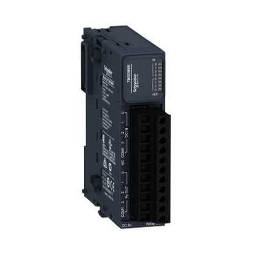 Schneider Electric Modicon TM3 DI4 DO4-modul för kommunikationsnätverk En svart Schneider Electric Modicon TM3 DI4 DO4-enhet med skruvanslutningar och LED-indikatorer.