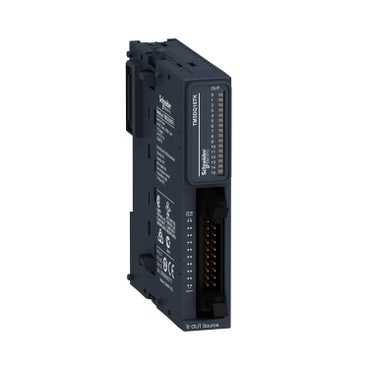 Svart Schneider Electric Modicon TM3 DO16-modul, kontaktport på framsidan och tekniska märkningar på sidan.