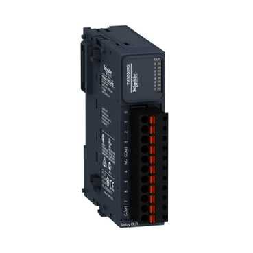 Svart Schneider Electric Modicon TM3 relämodul med orange anslutningsportar och tydliga markeringar på sidan.