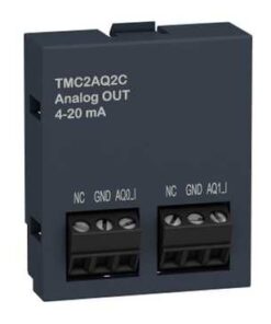 Mörkgrå Modicon M221 analog flödesmodul med anslutningar för 4-20 mA signal.