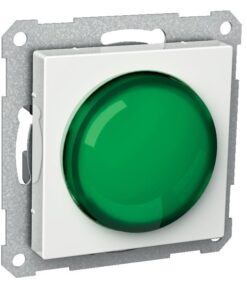 Grön, rund indikatorlampa i en vit ram på en metallisk monteringsplatta, fotograferad framifrån.