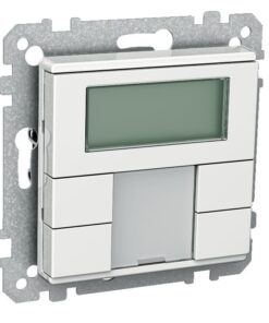 Vit Schneider Electric Exxact KNX-multipanel med fyra knappar och bildskärm. Fyrkantig design med metallram...