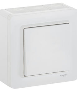 Vit Schneider Electric Exxact 6-brytare, utanpåliggande IP44, inkluderar utanpåliggande dosa och ram.