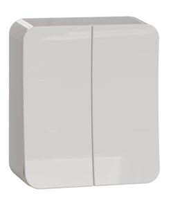 Schneider Electric Exxact utanpåliggande 5-väggbrytare, vit Vit utanpåliggande 5-väggbrytare med slät design och två justerbara knappar sedd framifrån.