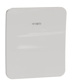 Schneider Electric Exxact utanpåliggande brytare med vit lins Vit fyrkantig utanpåliggande brytare med en liten lins i mitten upptill. Vy framifrån.