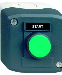 Schneider Electric mörkgrå START-knapphölje, grön knapp Mörkgrå knapphölje med grön rund knapp och svart skylt med texten START.
