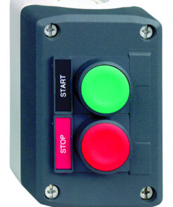 Schneider Electric mörkgrå knapphölje med Start-Stop-knappar Mörkgrå knapphölje med grön Start-knapp och röd Stop-knapp, fästskruvar synliga.