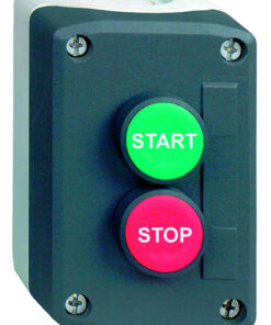 Schneider Electric mörkgrått knapphölje, START och STOP-knappar Mörkt knapphölje med grön START-knapp och röd STOP-knapp. Fyra monteringsskruvar i hörnen.