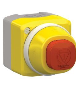 Schneider Electric nödstopp-knapp, röd med LED-lampa Gult kontrollhölje med röd nödstopp-knapp och vit LED-lampa. Hölje av plast, fotad från sidan.