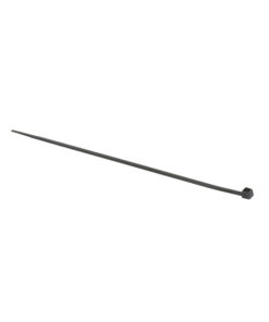 Musta, ohut ja pitkä kaapelinsidonta Schneider Electriciltä, mitoiltaan 120x2,5 mm, suoristettuna vaakatasossa valkoista t...