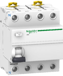 Schneider Electric Acti 9 IIDK jordfelsbrytare fyrpolig, vit ram, grön logotyp, sidovy.