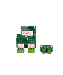 Schneider Electric FXCOM 2 RS485-nätverkskort för ESMI-system Grönt elektronikkort med två RS485-portar och en kontakt med texten ESMI FIRE.