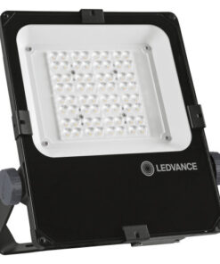 LED-strålkastare med svart ram, vit insida och Ledvance-logotypen i nedre hörnet.