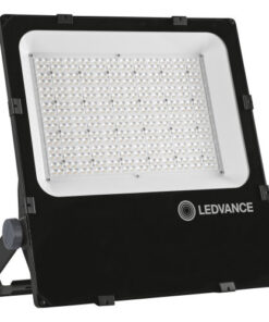 Rektangulär, svart inramad LED-strålkastare med vit LED-panel och Ledvance-logotyp.