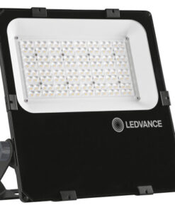 Svart LED-strålkastare från Ledvance med vit ljuspanel och stödben, fotograferad framifrån.