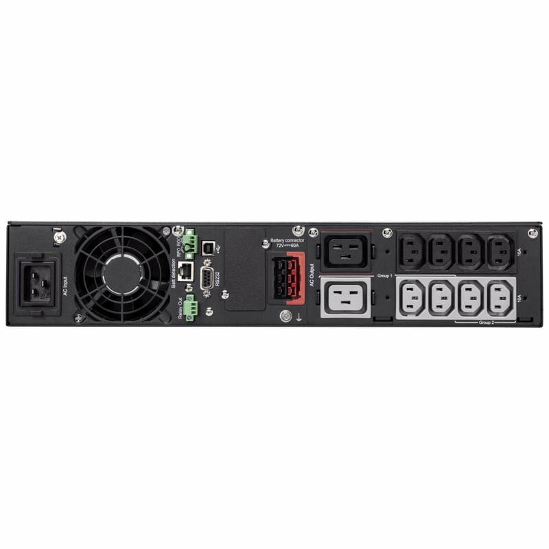 Bakpanel av EATON 5PX2200I RT2U G2 avbrottsfri strömförsörjning Svart bakpanel av EATON 5PX2200I RT2U G2 -avbrottsfri strömförsörjning med flera olika anslutningar och fläkt.