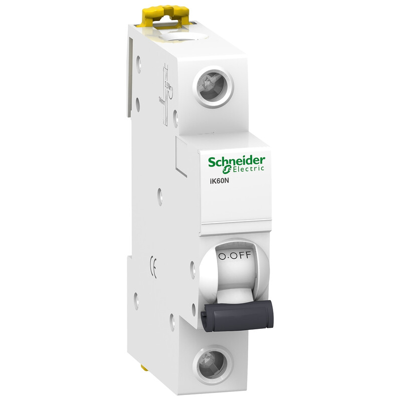 Schneider Electric Acti9 IK60N dvärgbrytare 1-polig, 10A Vit enpolig dvärgbrytare med grön Schneider Electric-logotyp, synlig brytare och konstruktion.