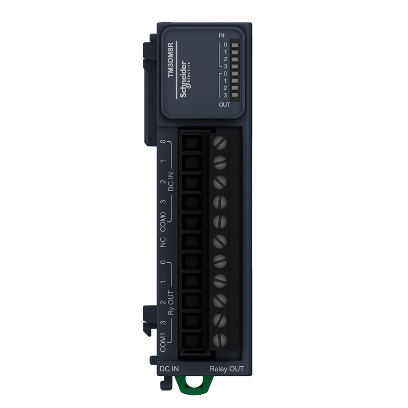 Schneider Electric Modicon TM3 DI4 DO4 - I/O-expansionsmodul Schneider Electric Modicon TM3 DI4 DO4-modul, svart och grå, framsidan synlig, innehåller anslutningsterminaler och LED-lampor.