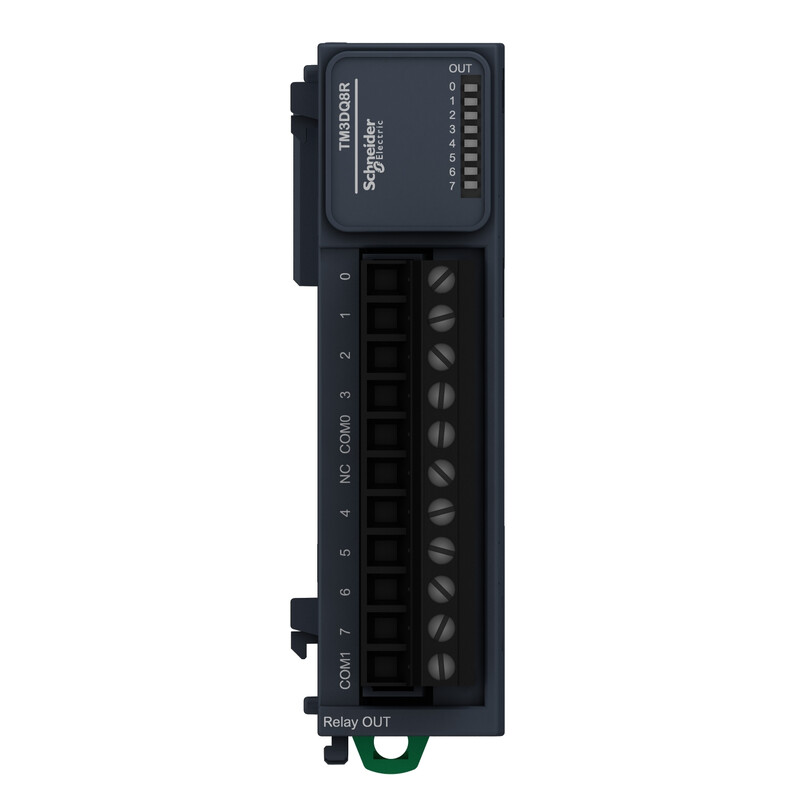 Schneider Electric Modicon TM3 DO8 relämodul med skruvanslutning Mörkgrå Schneider Electric Modicon TM3 DO8 relämodul med åtta skruvanslutningar och tydliga märkningar...