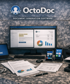 OctoDoc-dokumenttigenerointiohjelmiston käyttöliittymä näytöllä, jossa näkyy dynaaminen asiakirjamalli ja tietolähteestä täyttyvä sisältö ammattimaisessa työympäristössä.