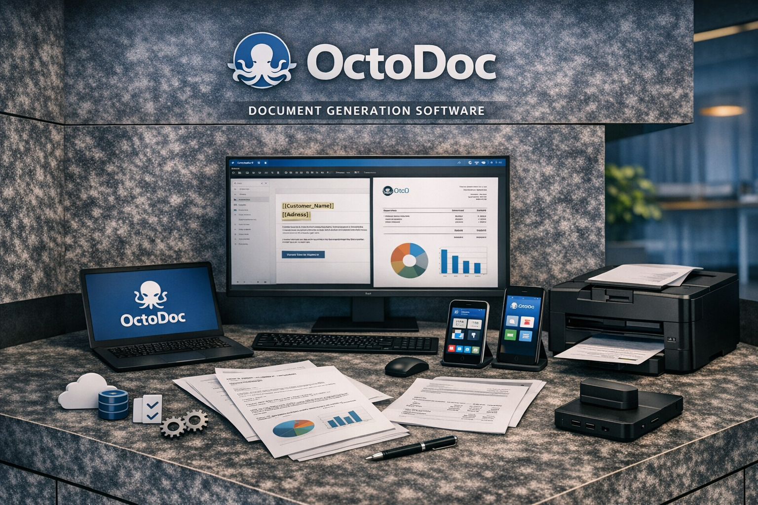 OctoDoc-dokumenttigenerointiohjelmiston käyttöliittymä näytöllä, jossa näkyy dynaaminen asiakirjamalli ja tietolähteestä täyttyvä sisältö ammattimaisessa työympäristössä.