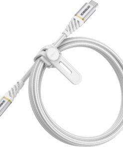Otterbox 2m USB-C-till-Lightning-kabel med flätad och hållbar design. Vit 2-meters USB-C-till-Lightning-kabel med flätad sladd och Otterbox-logotyp på kontakterna.
