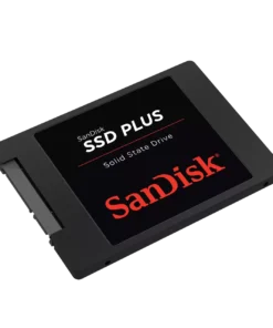 SanDisk SSD Plus 2TB SATA III 2.5", nopeus jopa 535MB/s, punavalkoinen etiketti. Näytetään mustalla pohjalla. - Prisma-IT Web